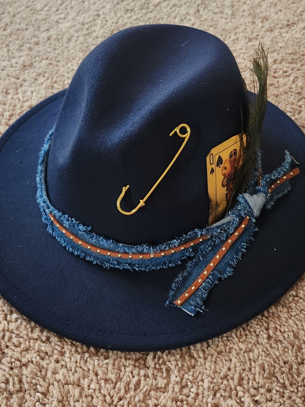 Navy Wide-Brim Fedora Hat with Denim Trim & Gold Accent